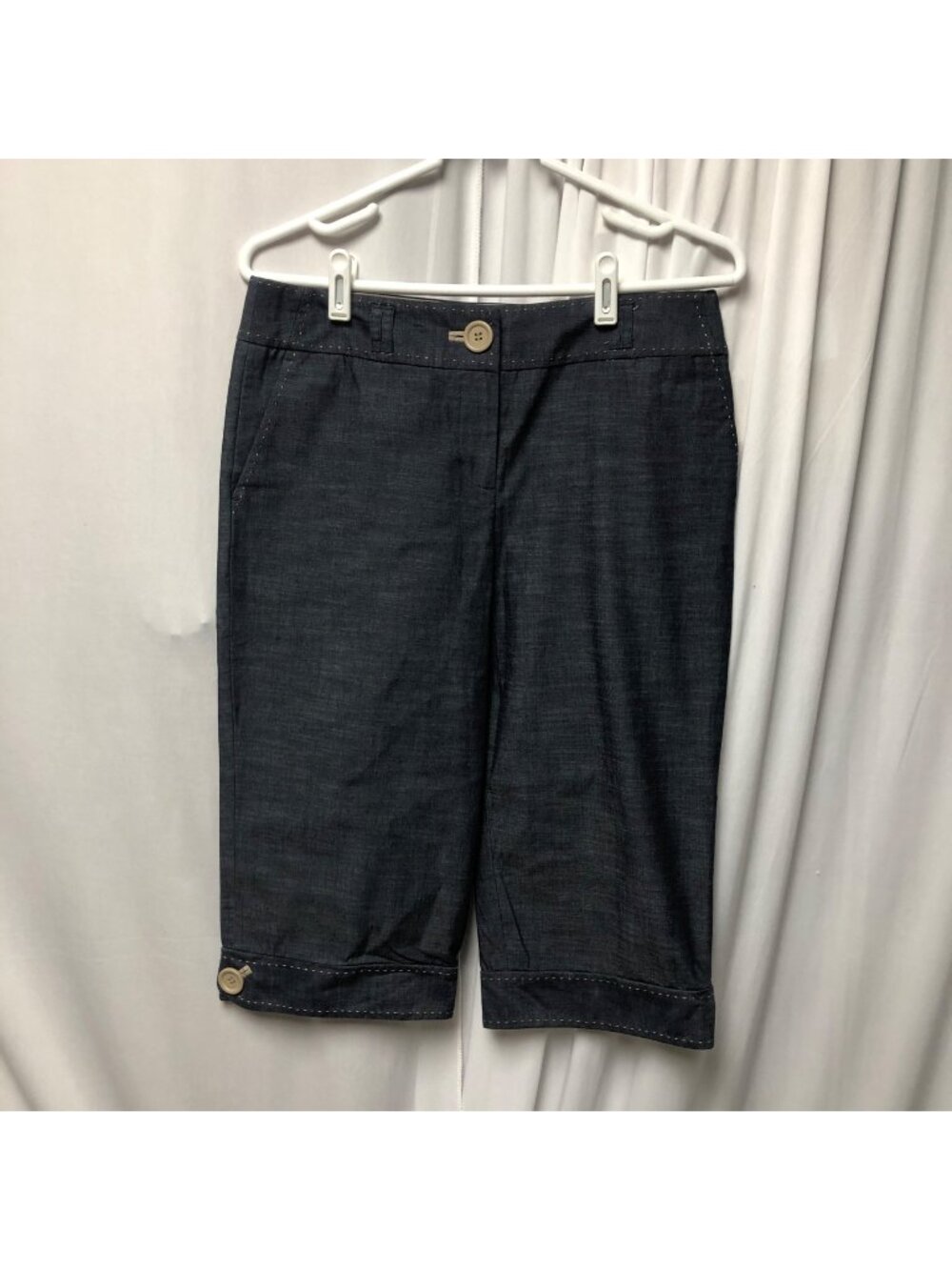 Ann Taylor LOFT Bermuda Shorts Womens Size 8P Blue Tan Stitching Cotton Blend